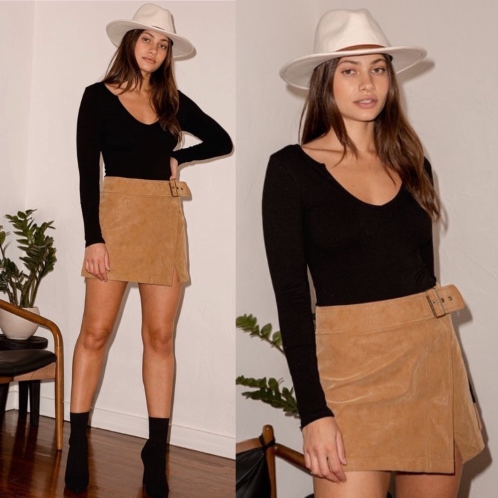 Free People Ari Camel Vegan Suede Buckled Wrap Mini Skirt